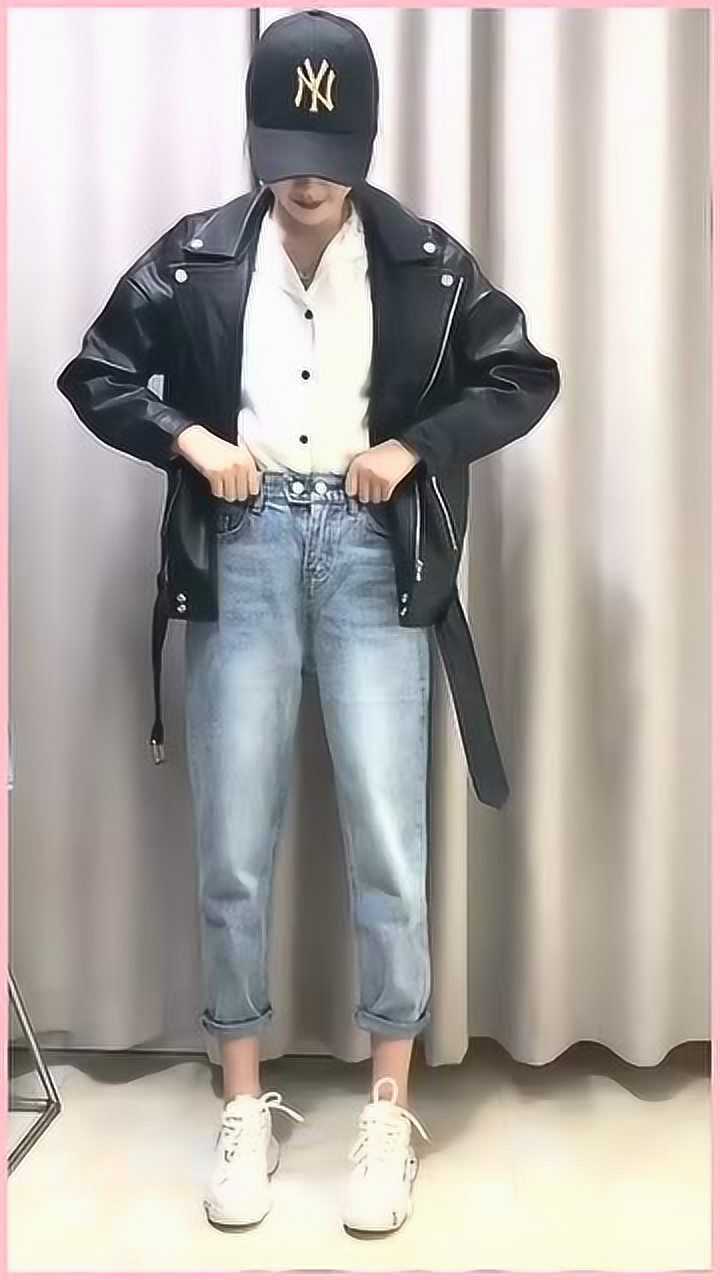 皮衣搭配卷边牛仔裤小白鞋简直就是帅气的必备穿搭