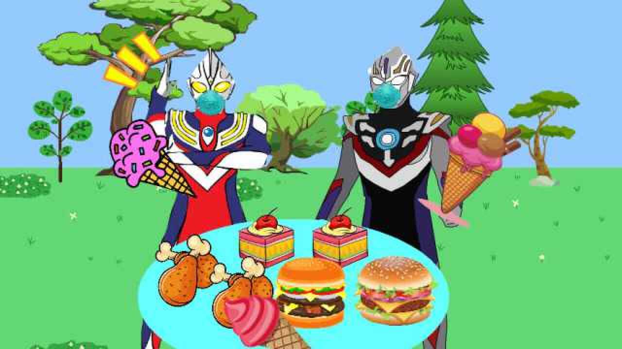 疫情防控期间迪迦奥特曼请欧布奥特曼吃冰淇淋雪糕解暑