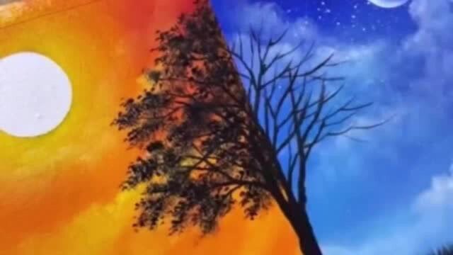 唯美创意水彩绘画:夕阳余晖皓月星空交相辉映,日月同出美出天际