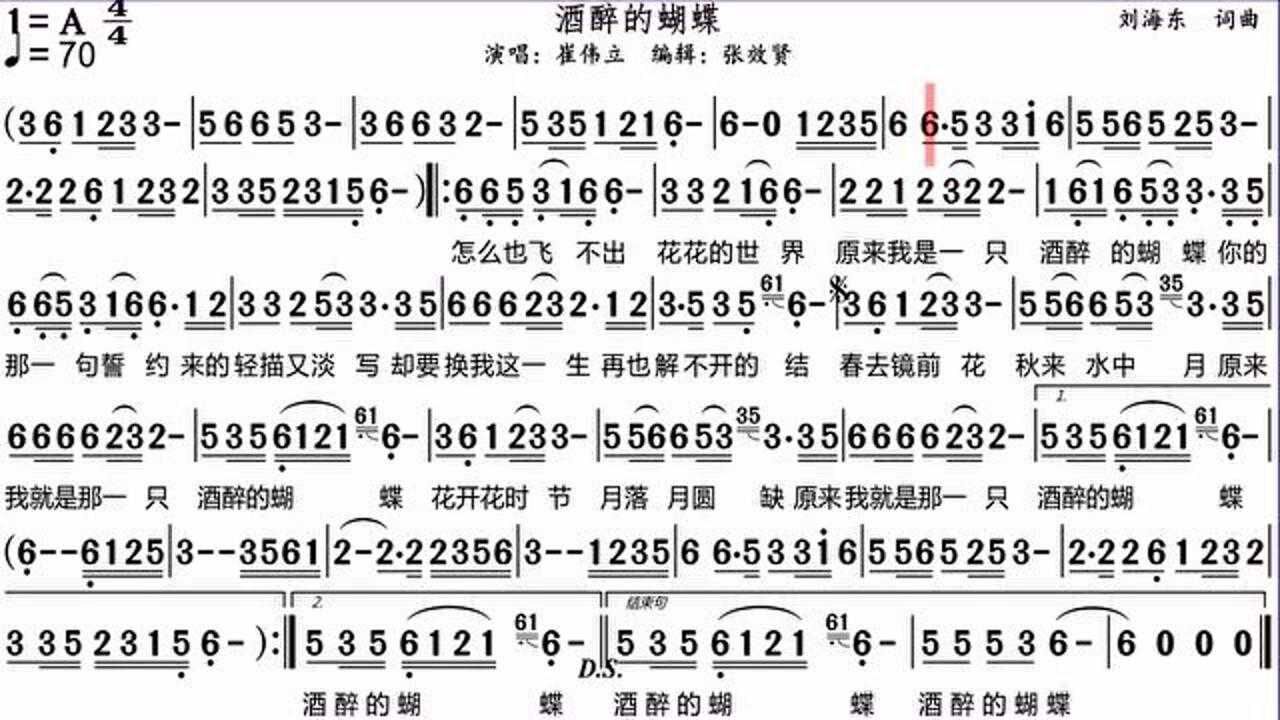 崔伟立演唱酒醉的蝴蝶的动态有声简谱
