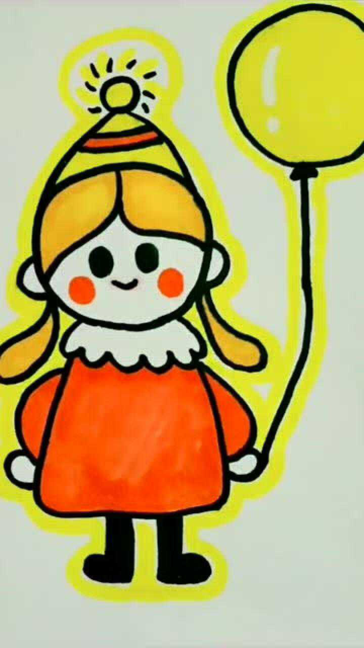 儿童简笔画,拿着气球的小女孩