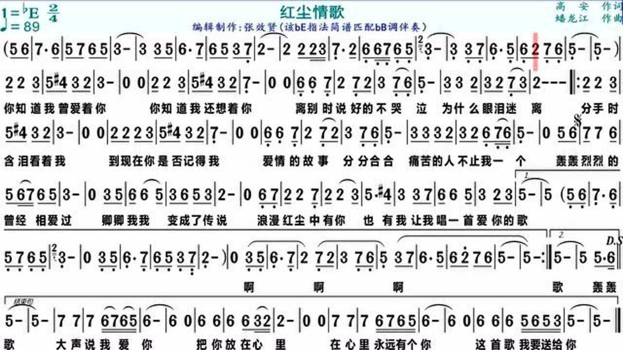 萨克斯be指法演奏《红尘情歌》匹配bb调伴奏的动态简谱