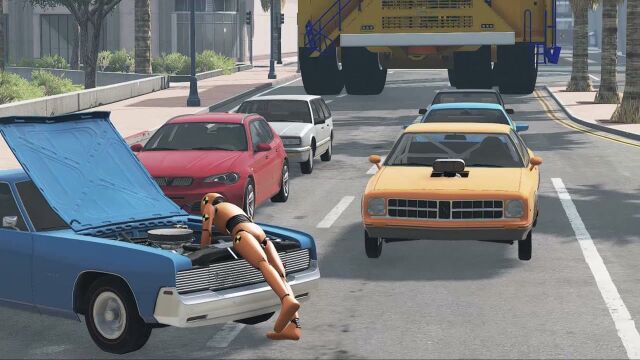 BeamNG:(百吨王)别拉斯矿车vs小轿车,老司机开车画面够酸爽