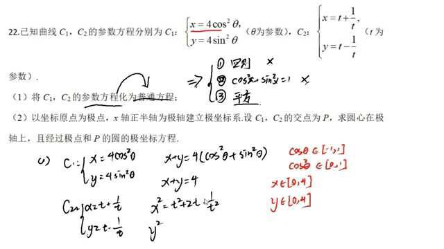 曲线C1和C2的参数方程已经知道,将其转化为普通方程