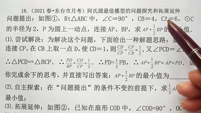 初中数学:阿氏圆最值模型的问题探究和拓展延伸,东台市月考数学