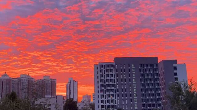 北京天空现绝美朝霞 云层如被烈焰点燃,画面浪漫惊艳