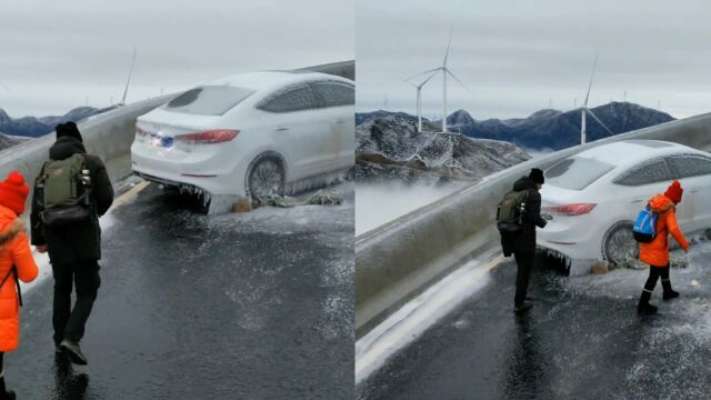 罕见实拍!草山筑峰顶道路结冰,小车被当场冰封路面上