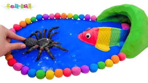 玩具动画：用太空沙制作的六彩鱼和泥池，创意手工太空沙粘土玩具