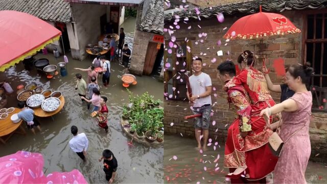 接亲当天遇下雨涨水,新郎无奈穿雨靴淌水背新娘,网友直呼好兆头