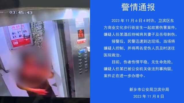 男子酒后持械刺伤妻子及岳母!河南新乡警方通报 :已刑拘