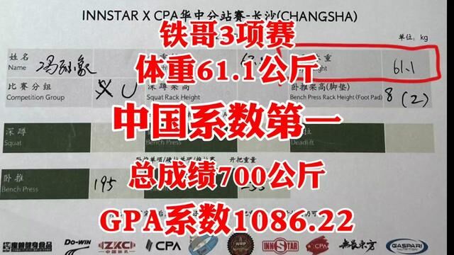 铁哥3项赛总成绩700公斤,中国第一系数#力量举比赛