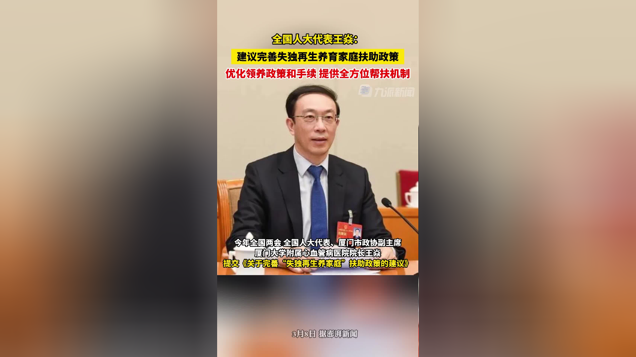 人大代表王焱建议完善失独再生养家庭扶助政策