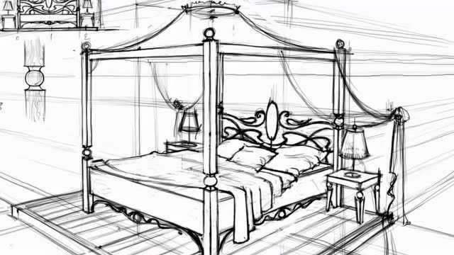 手绘床三视图