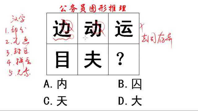 公务员图形推理,汉字边动运,目夫下一个选谁