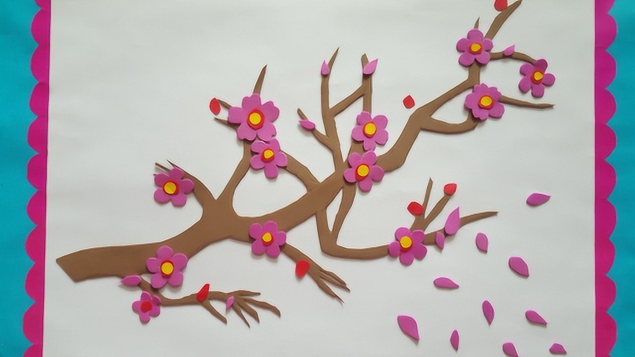 小朋友们,今天咱们用海绵纸来粘贴一幅美丽的梅花图吧