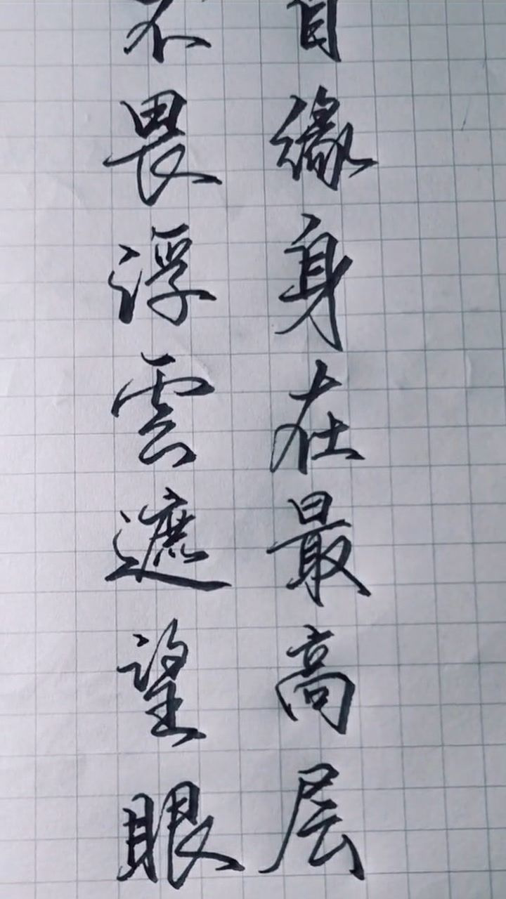 不畏浮云遮望眼自缘身在最高层非常漂亮的硬笔书法