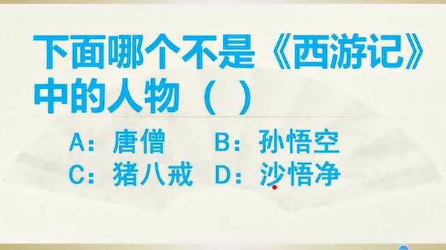 下面哪个不是西游记中的人物?A唐僧⠠B孙悟空⠠C猪八戒⠠D沙悟净