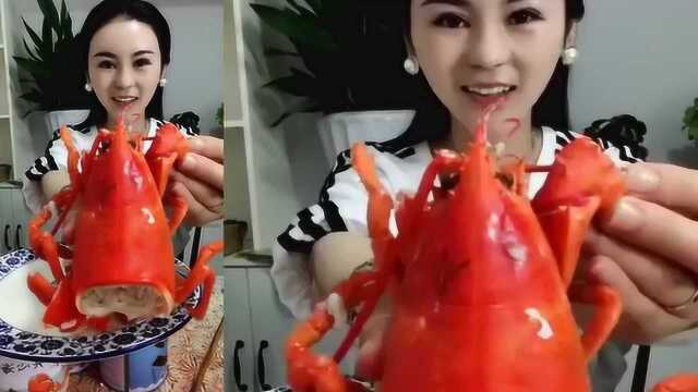 海鲜美食吃播:美女吃龙虾头,你们吃吗?