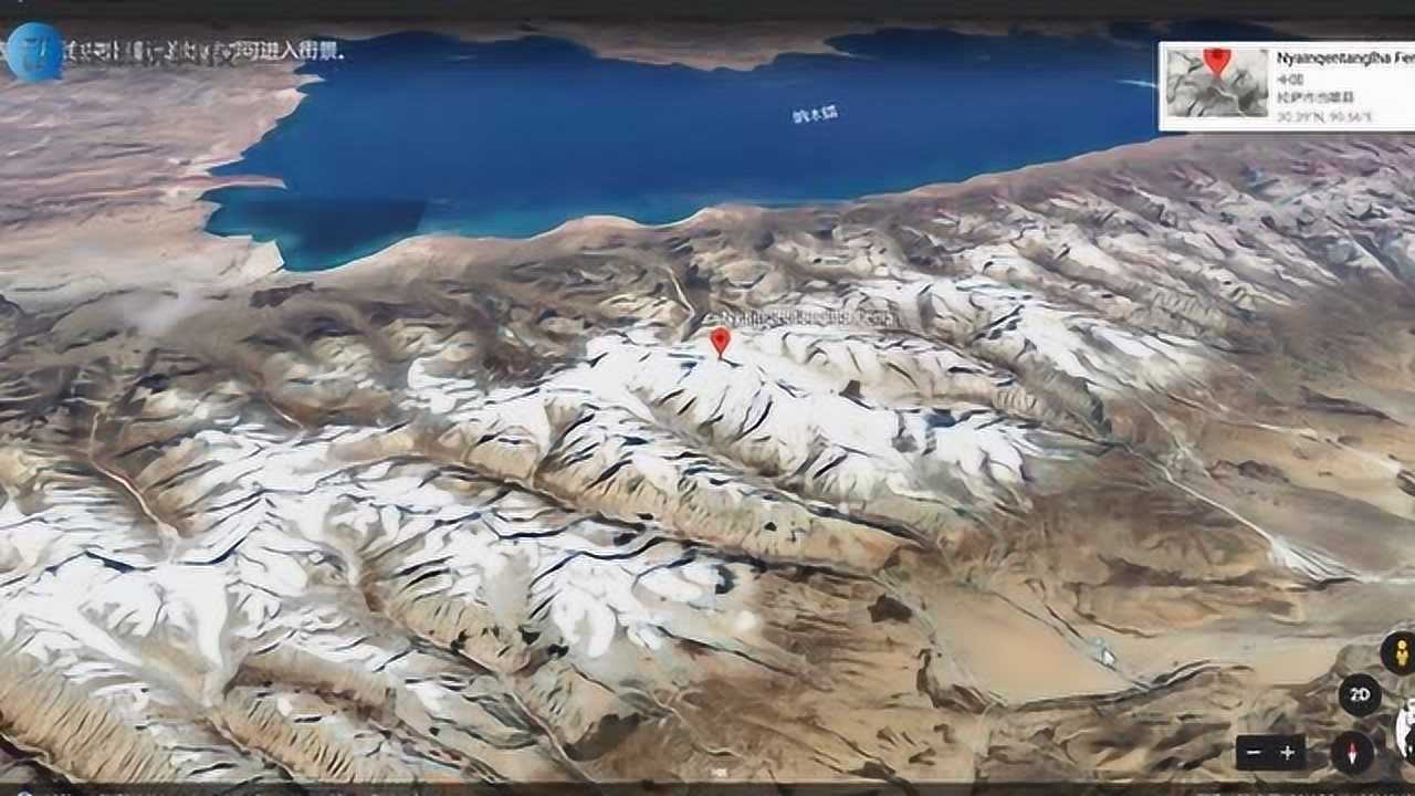 卫星图看西藏念青唐古拉峰海拔7162米位于纳木错湖南岸