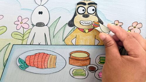 手绘定格动画:功夫兔与菜包狗吃烤鸭,看起来味道不错!