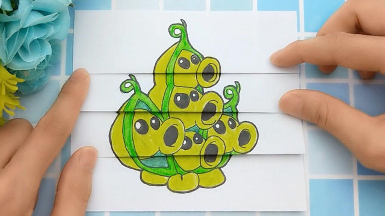 给植物大战僵尸豌豆荚手绘搞笑卡通用一张纸打开3次展开变异升级威力