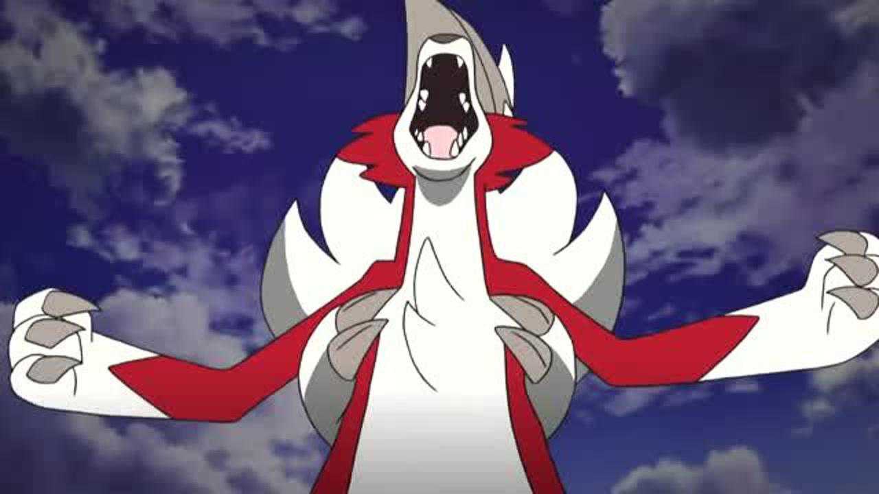 精灵宝可梦鬃岩狼人使出z招式从天上扔下一颗巨大陨石