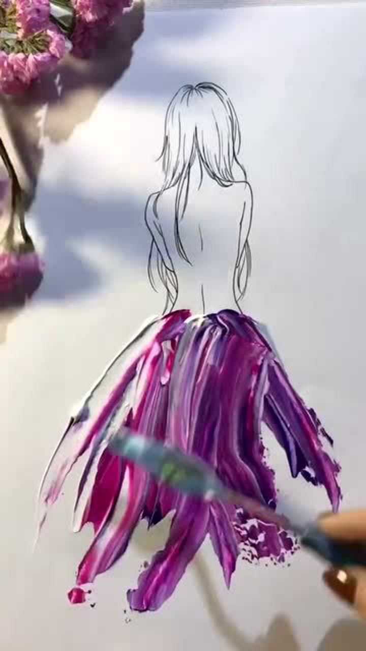 今天用的是纸丙烯颜料给姑娘画个裙子随便刮就完成了