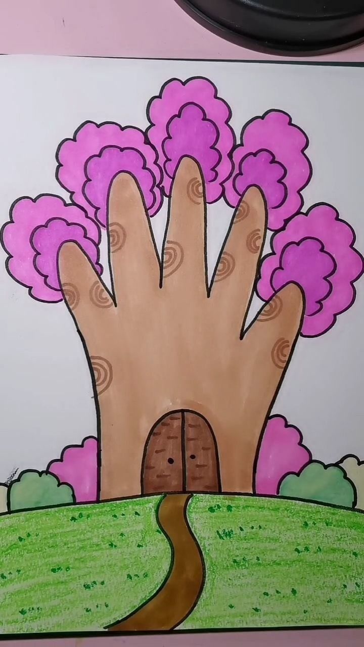 手掌画大树房子