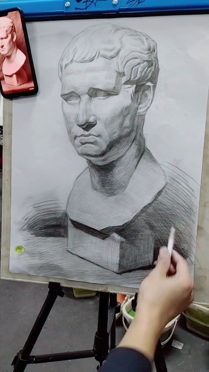 素描石膏 主体物-阿格里巴3/4左侧面, 揉擦画面 仔细看哦 #素描静物
