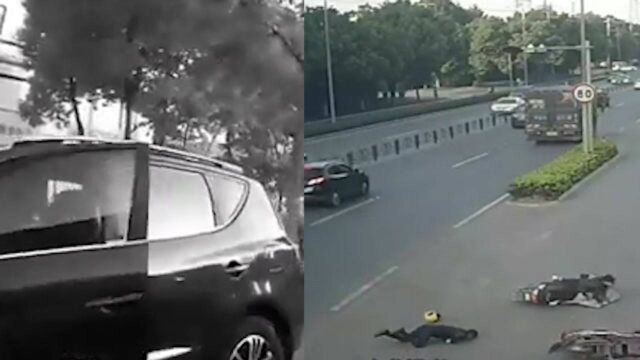 无锡:小车非机动车道内停车,开门放倒两电动车