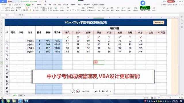 VBA设计中小学考试成绩管理表,通过勾选的方式,把考试的分数计入总分