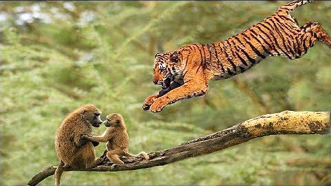 老虎入侵狒狒领地,为保护幼崽,狒狒奋起抗争驱赶老虎