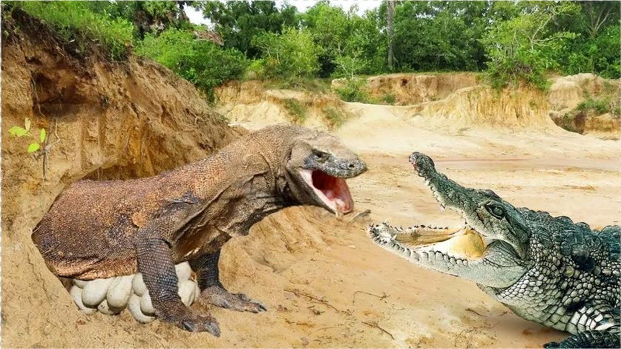 科莫多巨蜥大战鳄鱼图片