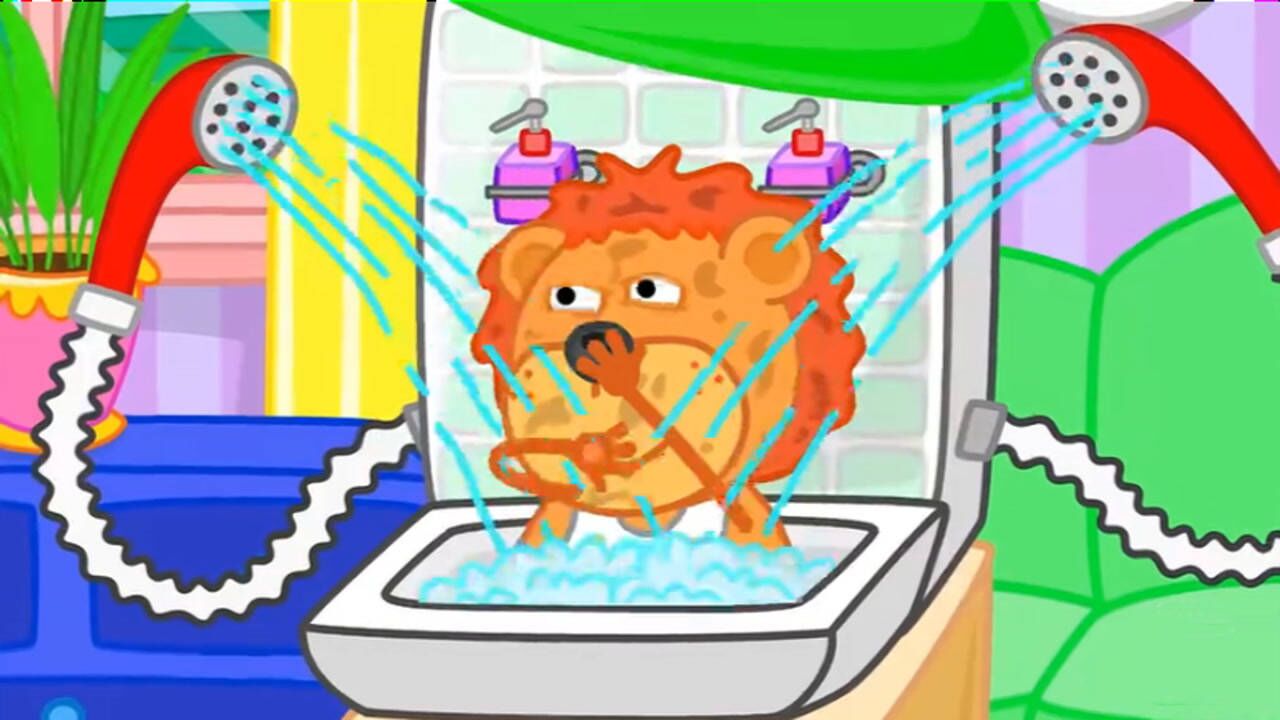 浑身脏兮兮的小狮子正在智能洗浴器的帮助下洗澡,趣味卡通儿童简笔画