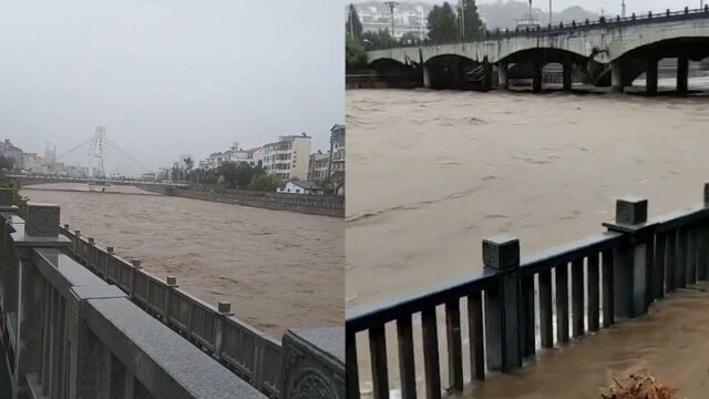 持续降雨近20小时,伊河栾川县城段水位最高时已漫过栏杆