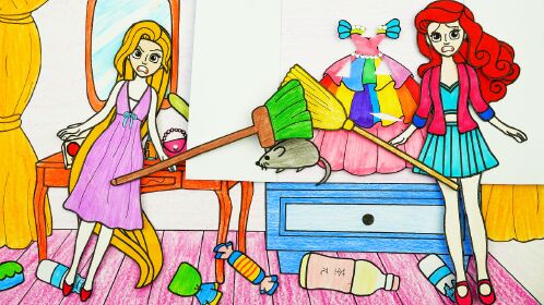 老鼠把星星的裙子咬烂了,芭比和星星赶跑老鼠打扫脏乱的客厅