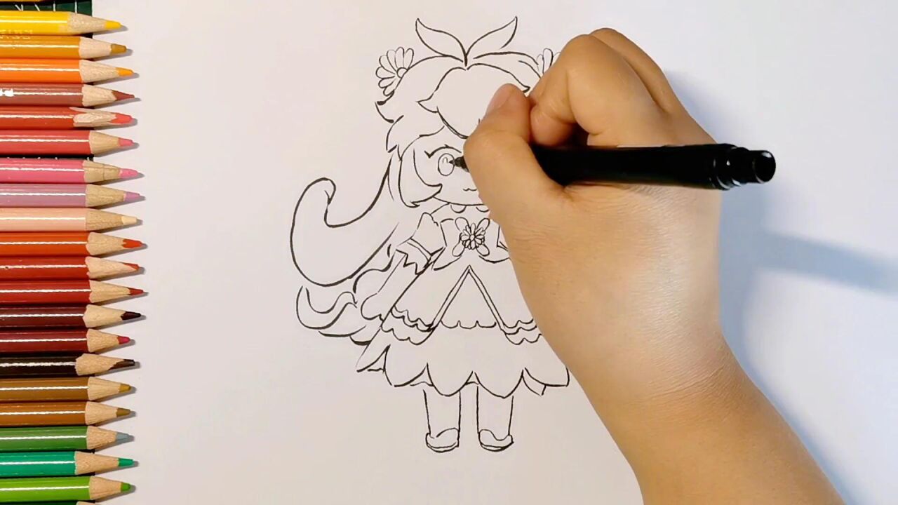 彩铅简笔画,卡通画迷你世界长发公主萝拉,有着绿色头发紫色眼睛_腾讯