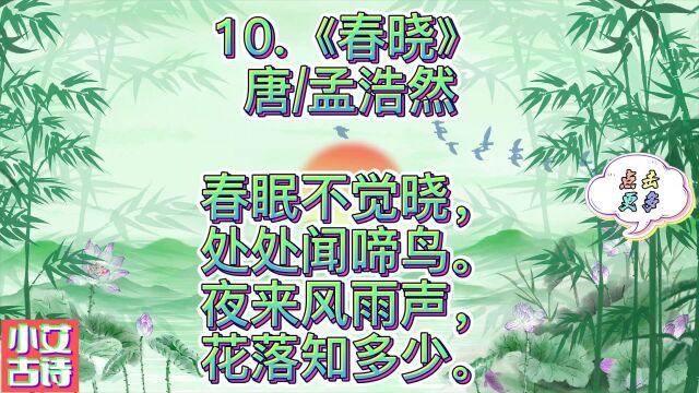 10.《春晓》唐孟浩然春眠不觉晓处处闻啼鸟