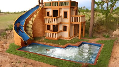 两个帅小伙野外建造水滑梯公园、地下游泳池和3层设计房屋