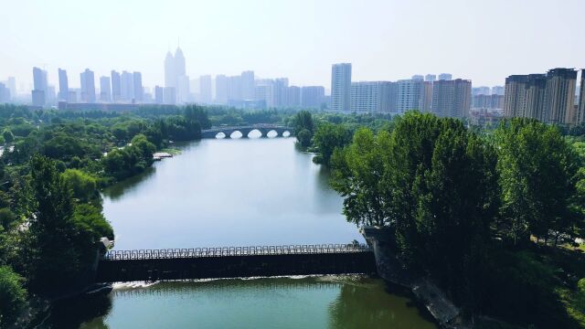 航拍仲夏枣庄龙潭公园 湖水碧绿风光旖旎