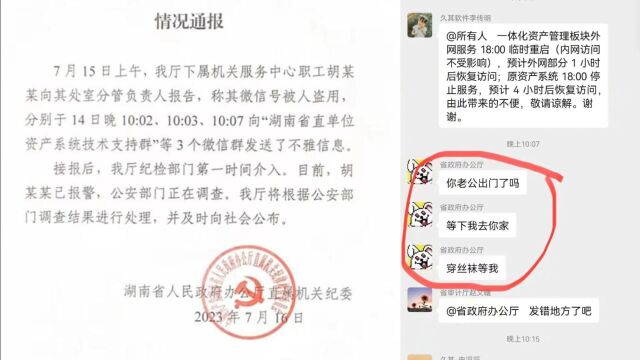 湖南回应涉“省直单位”微信群不雅信息事件:纪检第一时间介入