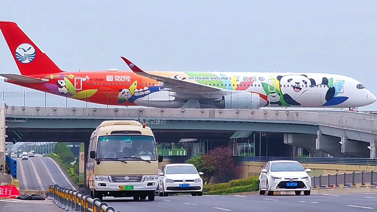 四川航空空客a350熊猫彩绘机,面戴墨镜手持圆月弯刀横穿马路