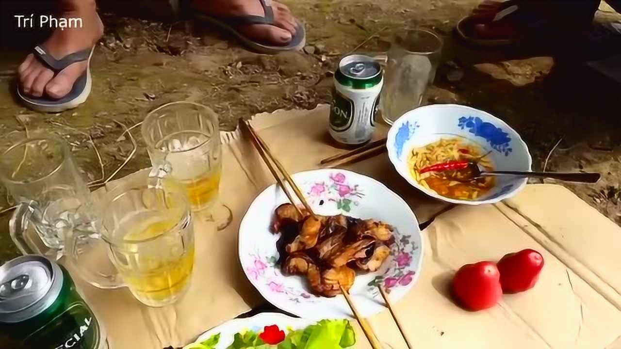 捉到一条大鲶鱼切块后放在铁架上烤着吃生活惬意