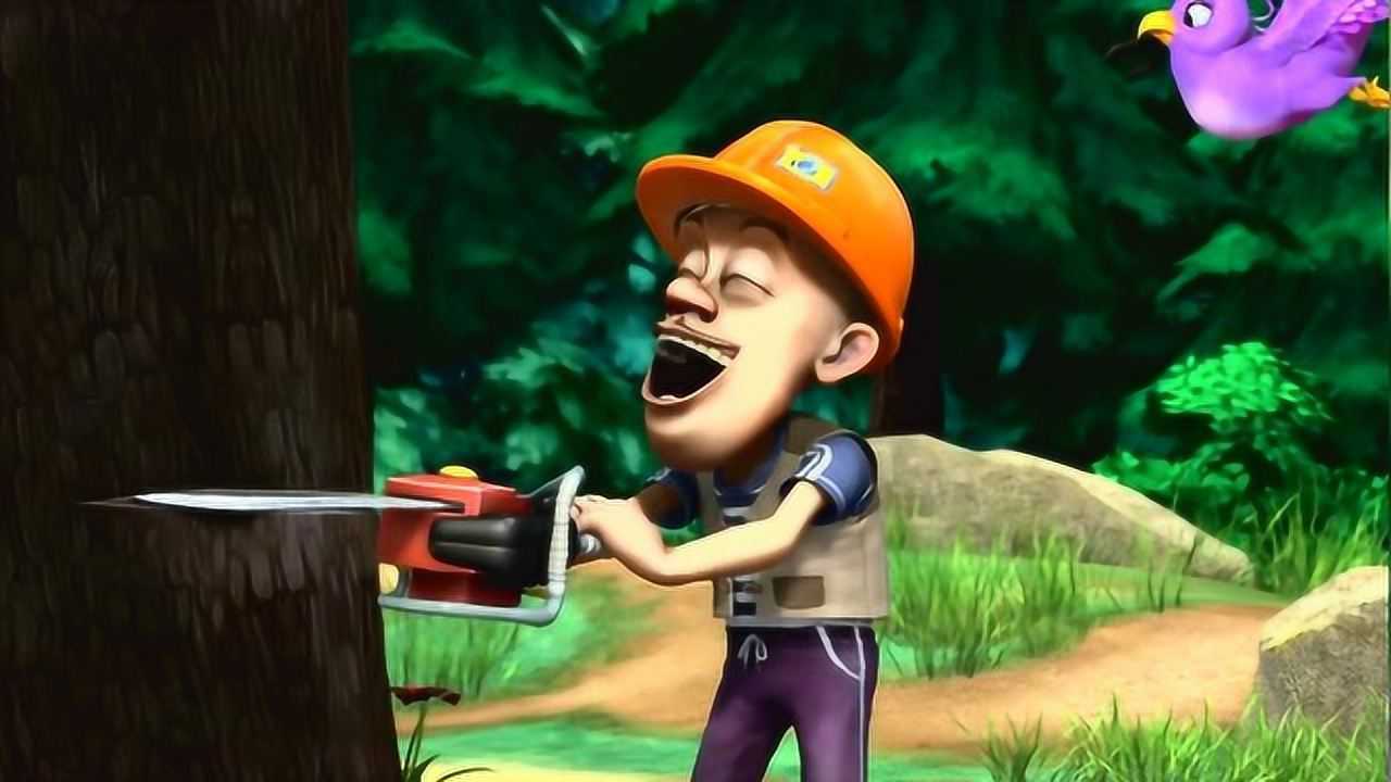 熊出没:光头强又来砍树了,鸟妈妈叼走他的帽子,啄光头强的头