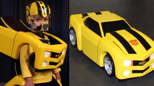 创意老爸用纸箱为孩子制作变形金刚外衣趴下既成小汽车