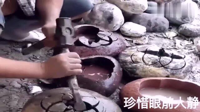 河边没人要的石头能做花盆?经过师傅简单加工制作,成品太漂亮