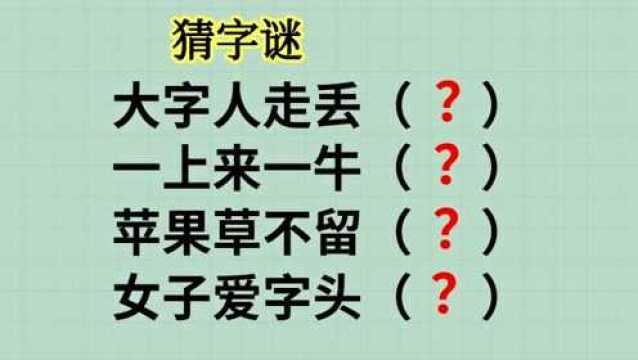 四个字谜:大字人走丢,一上来一牛,苹果草不留,女子爱字头?