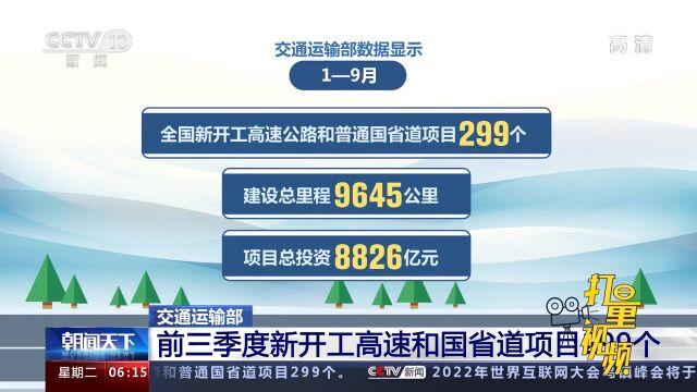 交通运输部:前三季度新开工高速和国省道项目299个