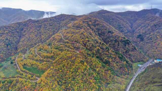 航拍:六盘山十八道弯 碾盘子秋色绚烂