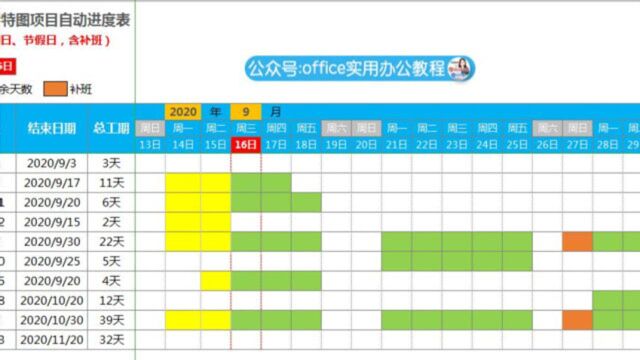 案例七WPS表格排除周六日节假日填充补班项目进度表甘特图Excel模板